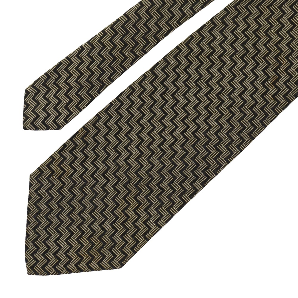 VTG Polo Ralph Lauren Tie Men Geometric Zigzag Woven Silk Black Gold USA Preppy